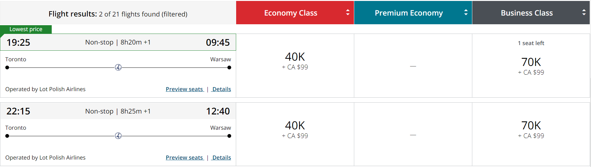 Photo of LOT business class pricing with Aeroplan