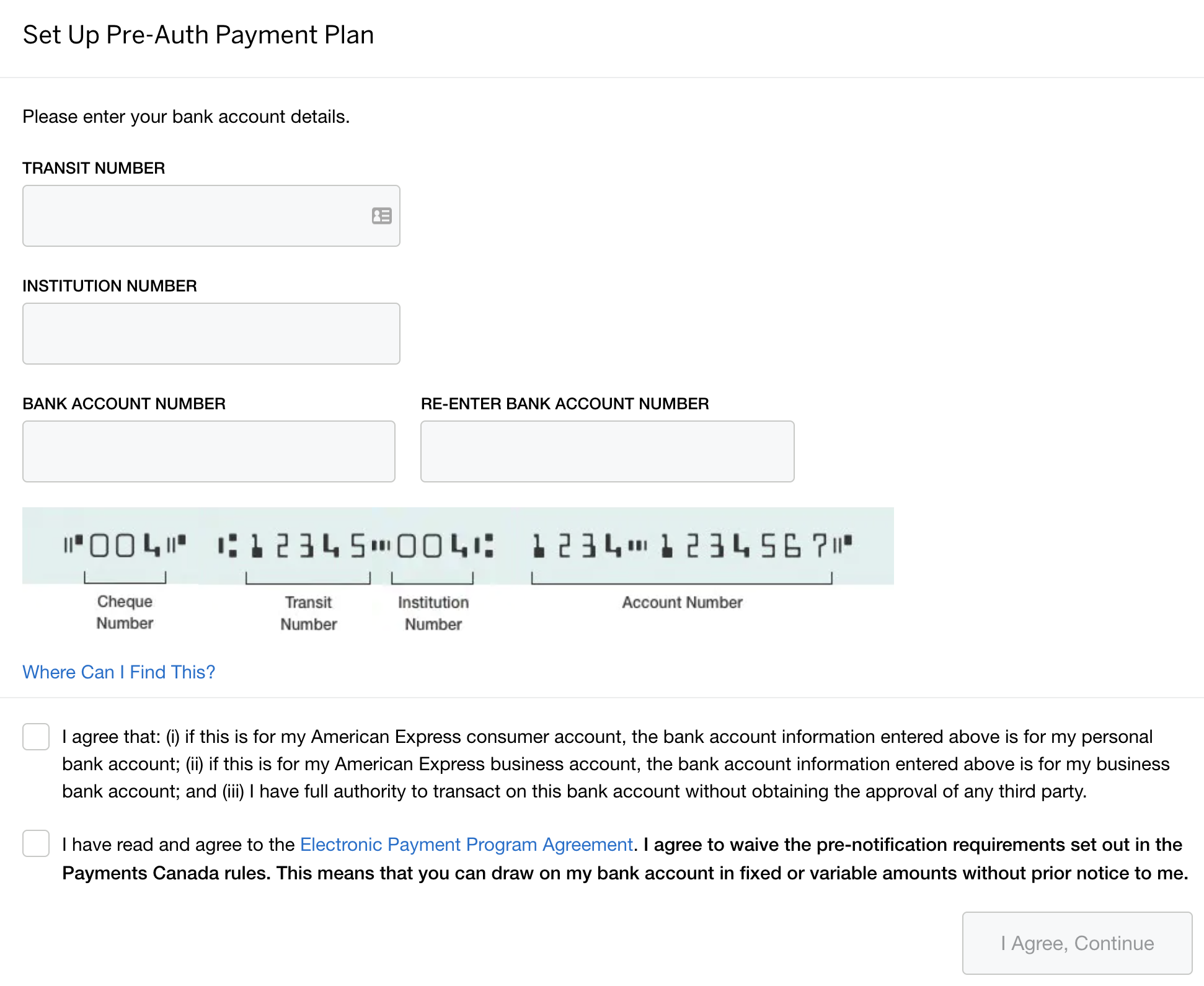 screenshot of pre-authorized payment plan