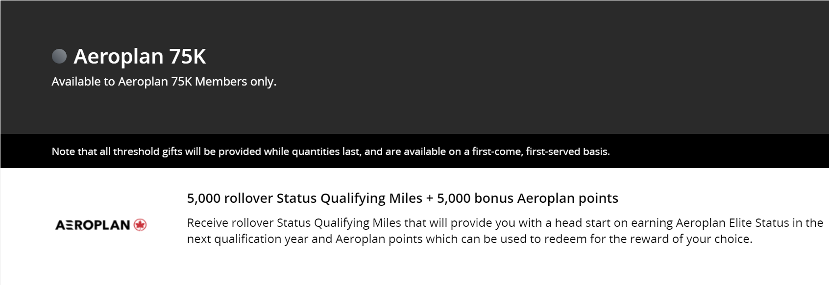 Screenshot of 75K Aeroplan Elite Status threshold gift