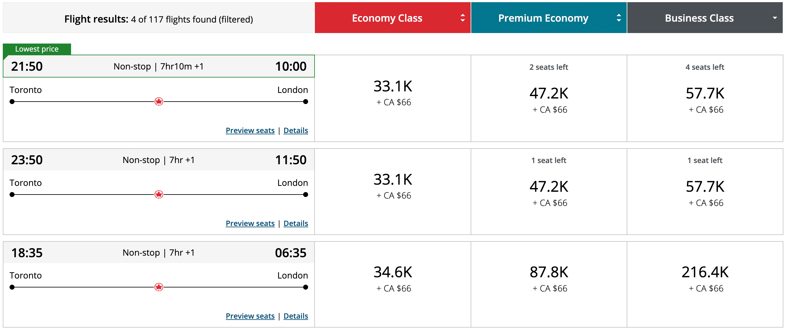 Screenshot of Aeroplan costs for Air Canada flights to Europe