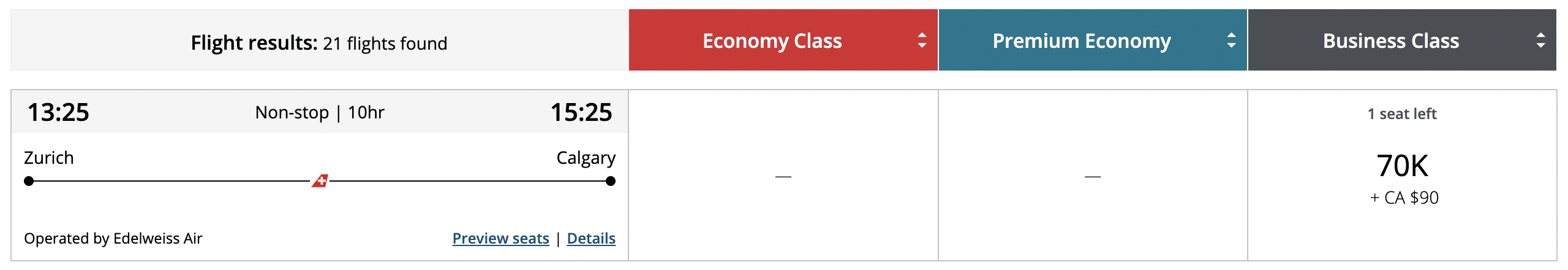 Screenshot of Edelweiss Air business class redemption on Aeroplan