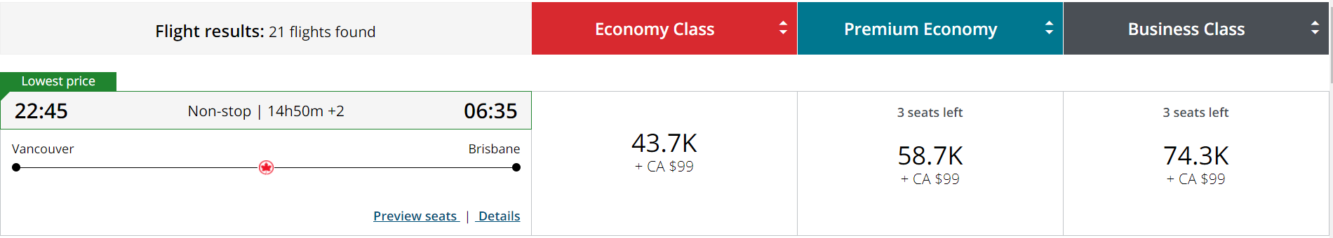 Aeroplan flight redemption Vancouver Brisbane 75,000 points in business class