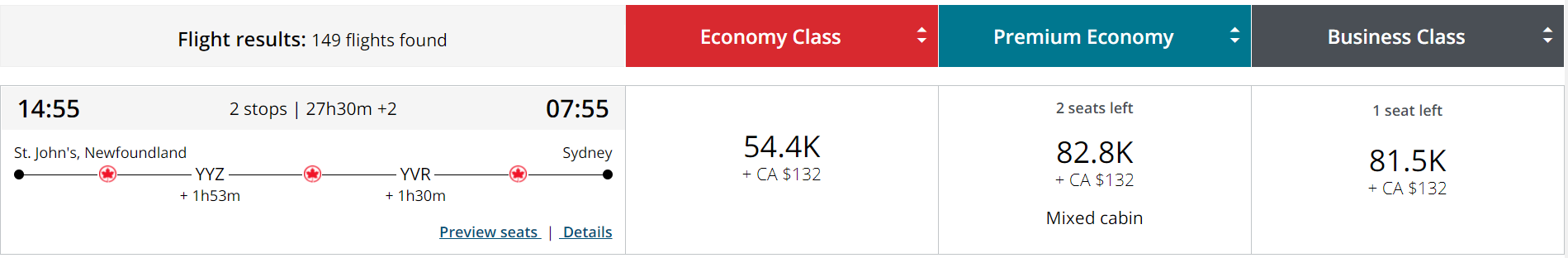 Aeroplan flight redemption St John's Sydney 81,000 points in business class