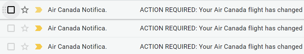Screenshot of Air Canada emails