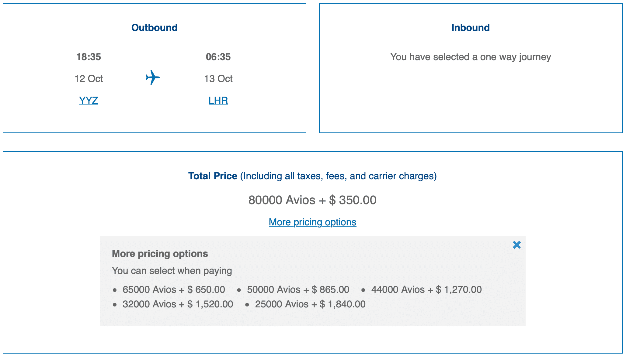 Screenshot of British Airways Avios redemption 