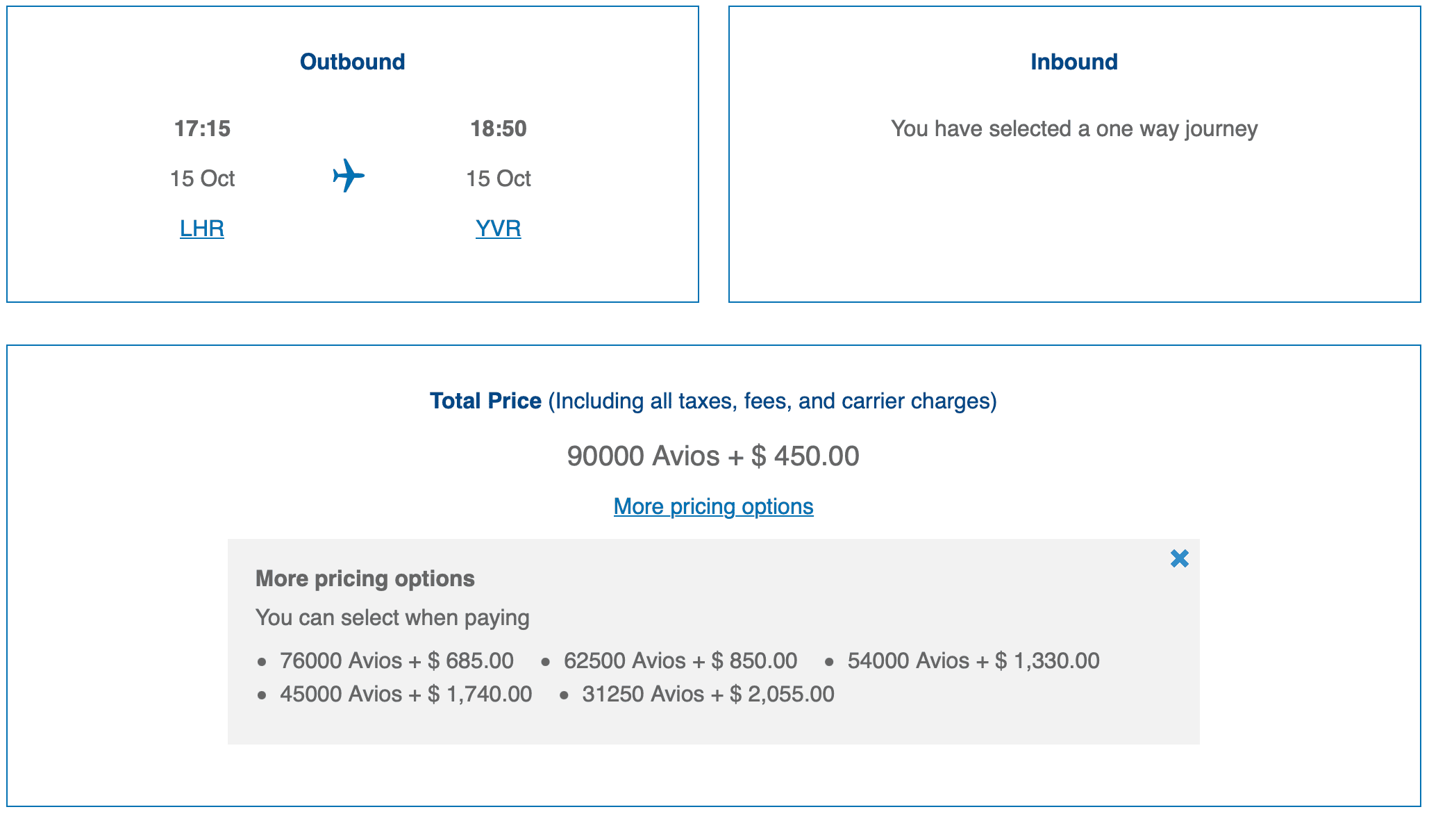 Screenshot of British Airways Avios award booking