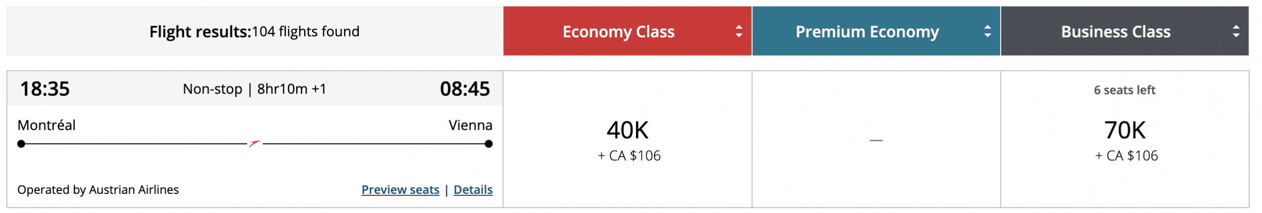 screenshot of Aeroplan prices for Austrian Airlines business class from Montreal
