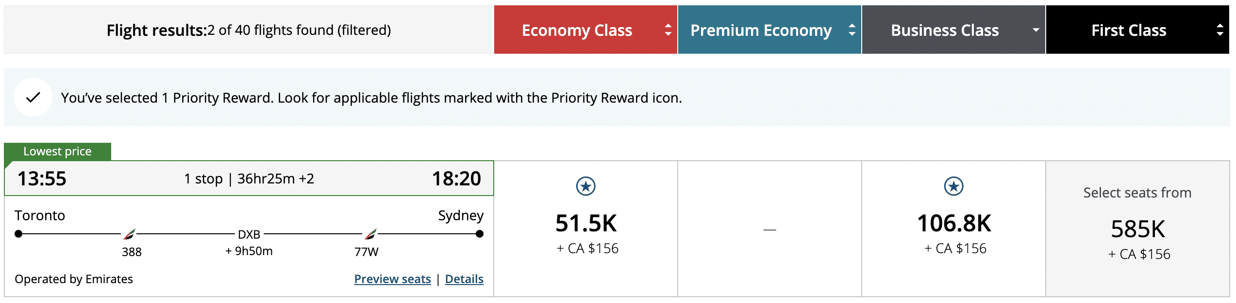 Aeroplan Toronto to Sydney via Dubai with Priority Reward attached