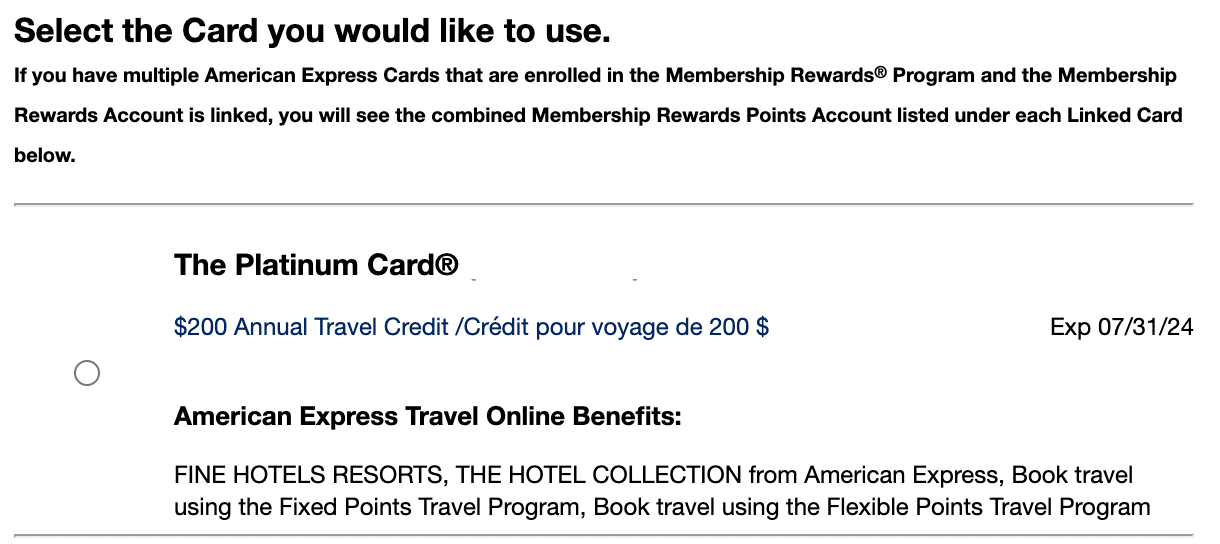 Screenshot from Amex Travel of $200 annual travel credit
