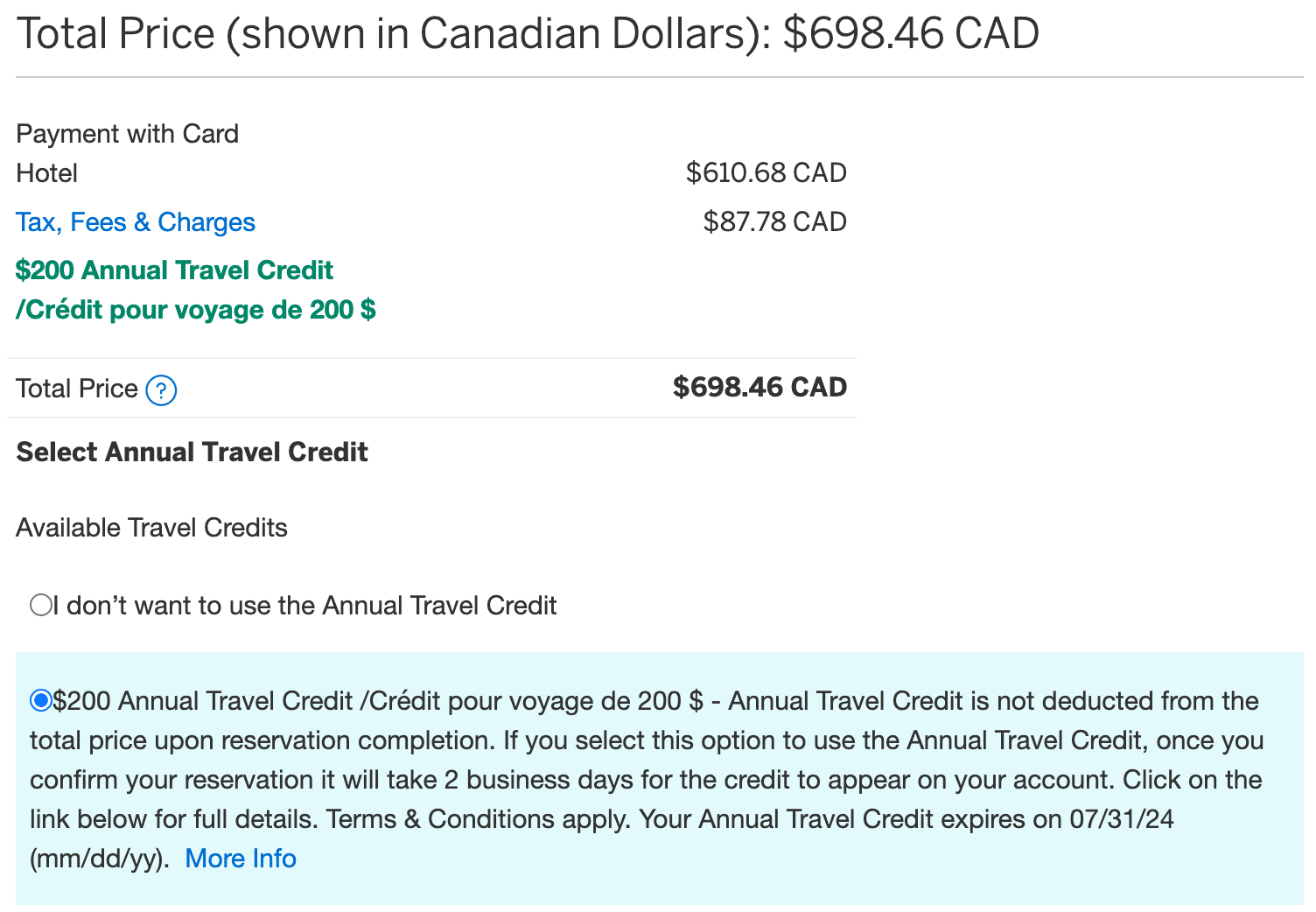 Screenshot of Amex Travel checkout screen