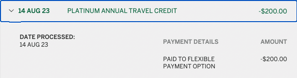 Screenshot from Amex statement showing $200 annual travel credit