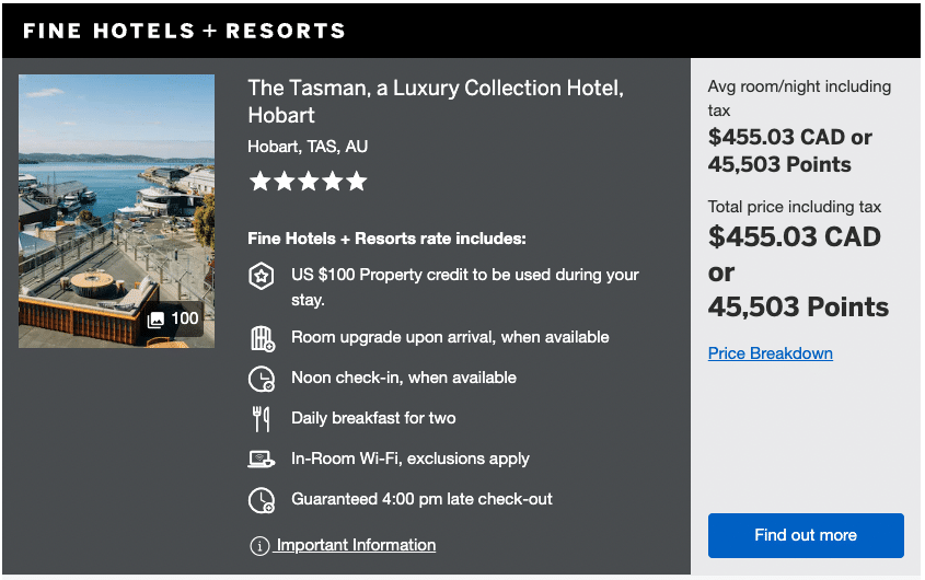 Screenshot of booking from Amex Fine Hotels and Resorts
