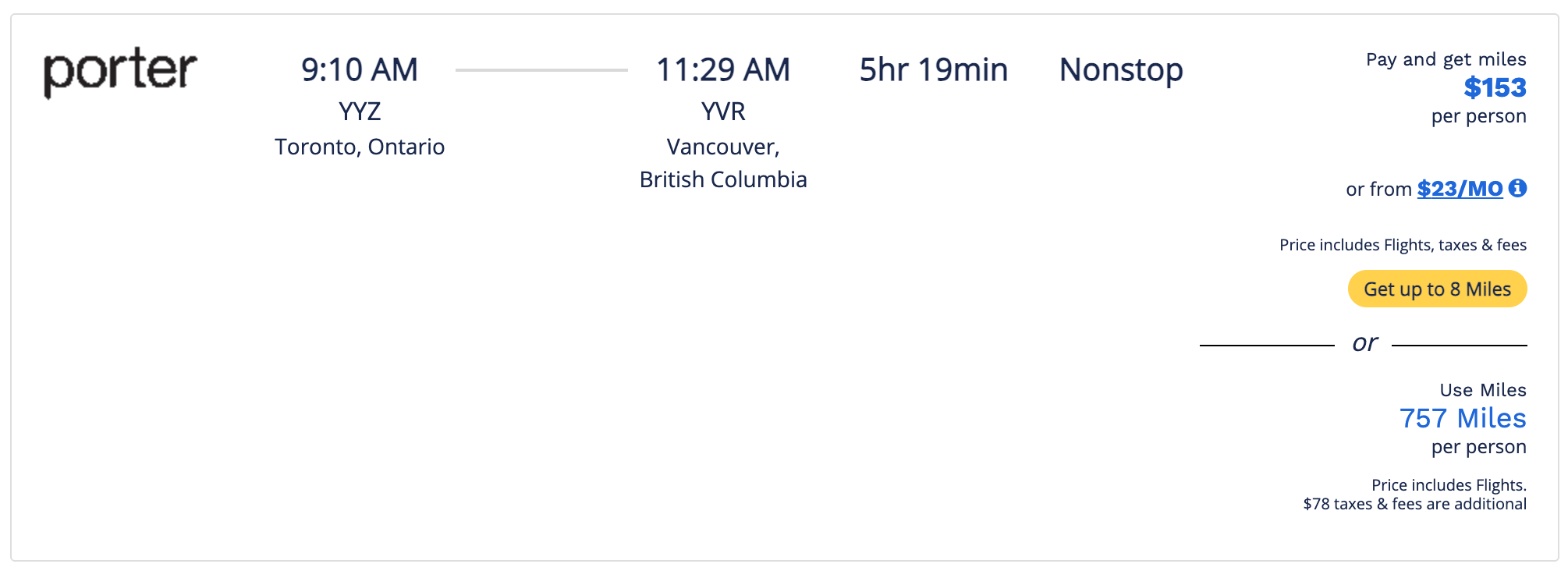 Air Miles Flight Availability for Toronto Ontario YYZ to Vancouver British Columbia YVR