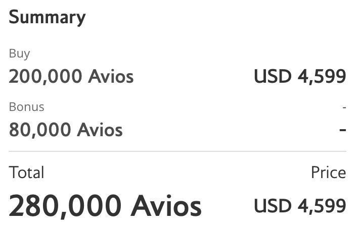 Avios Purchase Cost Example