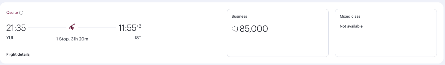 Screenshot of Qatar Airways Avios redemption from Montreal to Istanbul in business class
