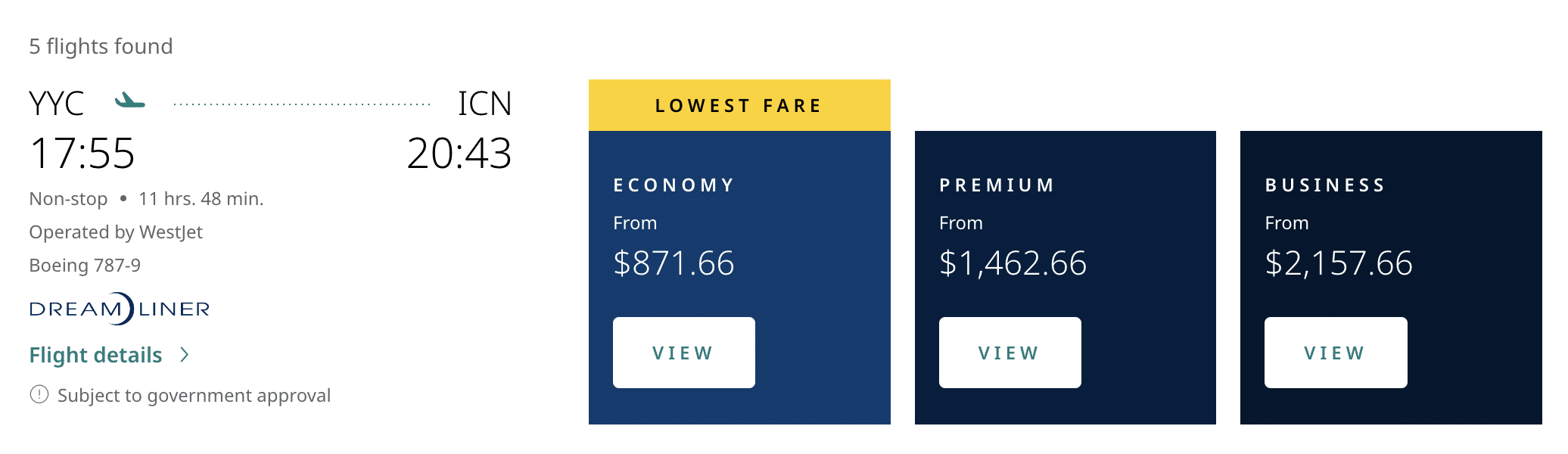 Screenshot of WestJet fares from Calgary to Seoul