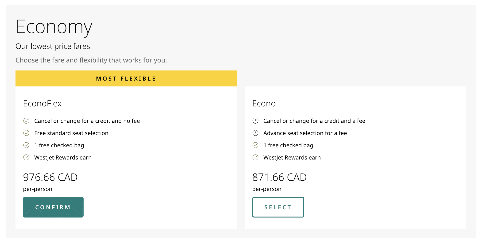 Economy fare options for WestJet flight