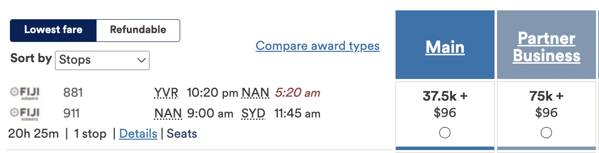 Alaska Airlines YVR NAN SYD for 75k miles