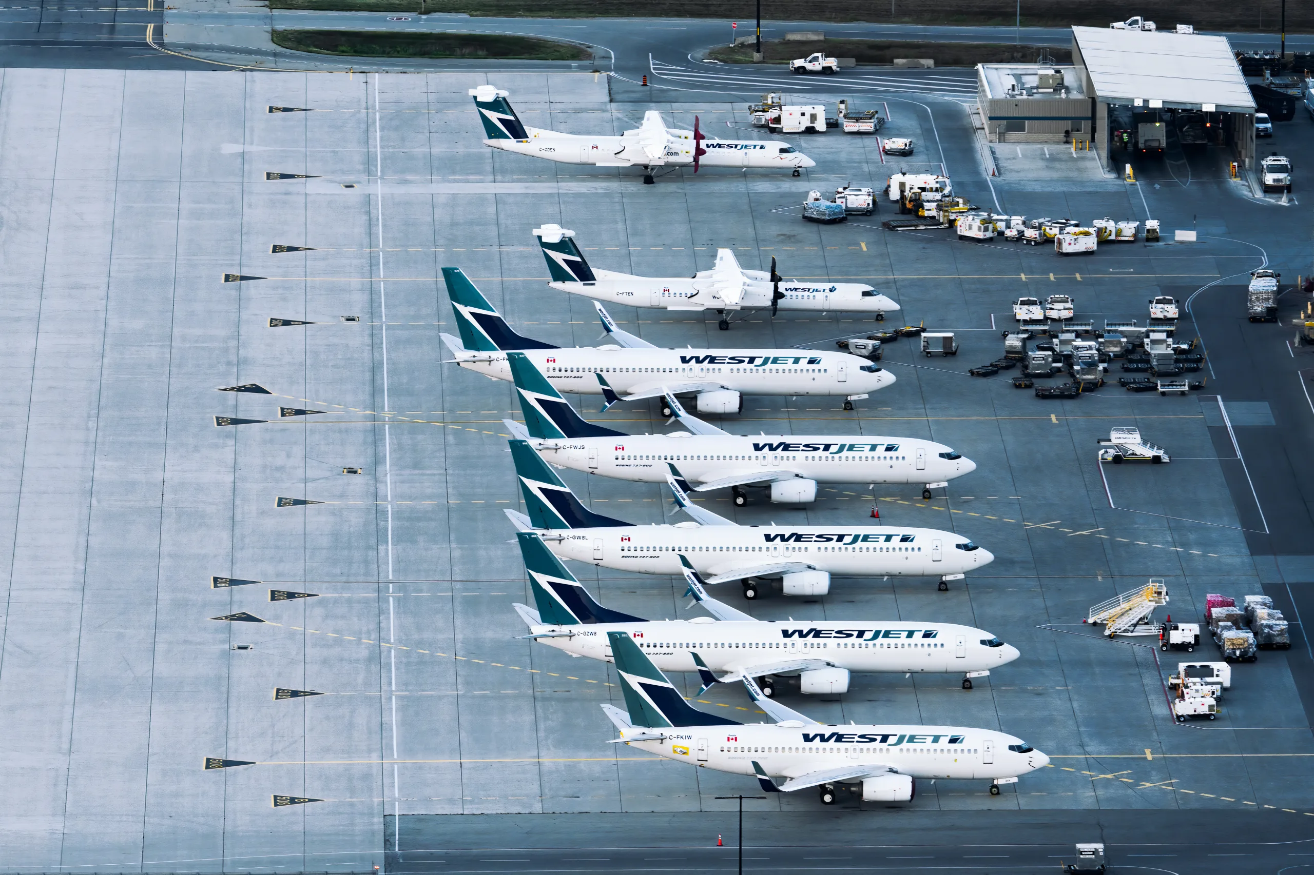 Lineup of WestJet planes