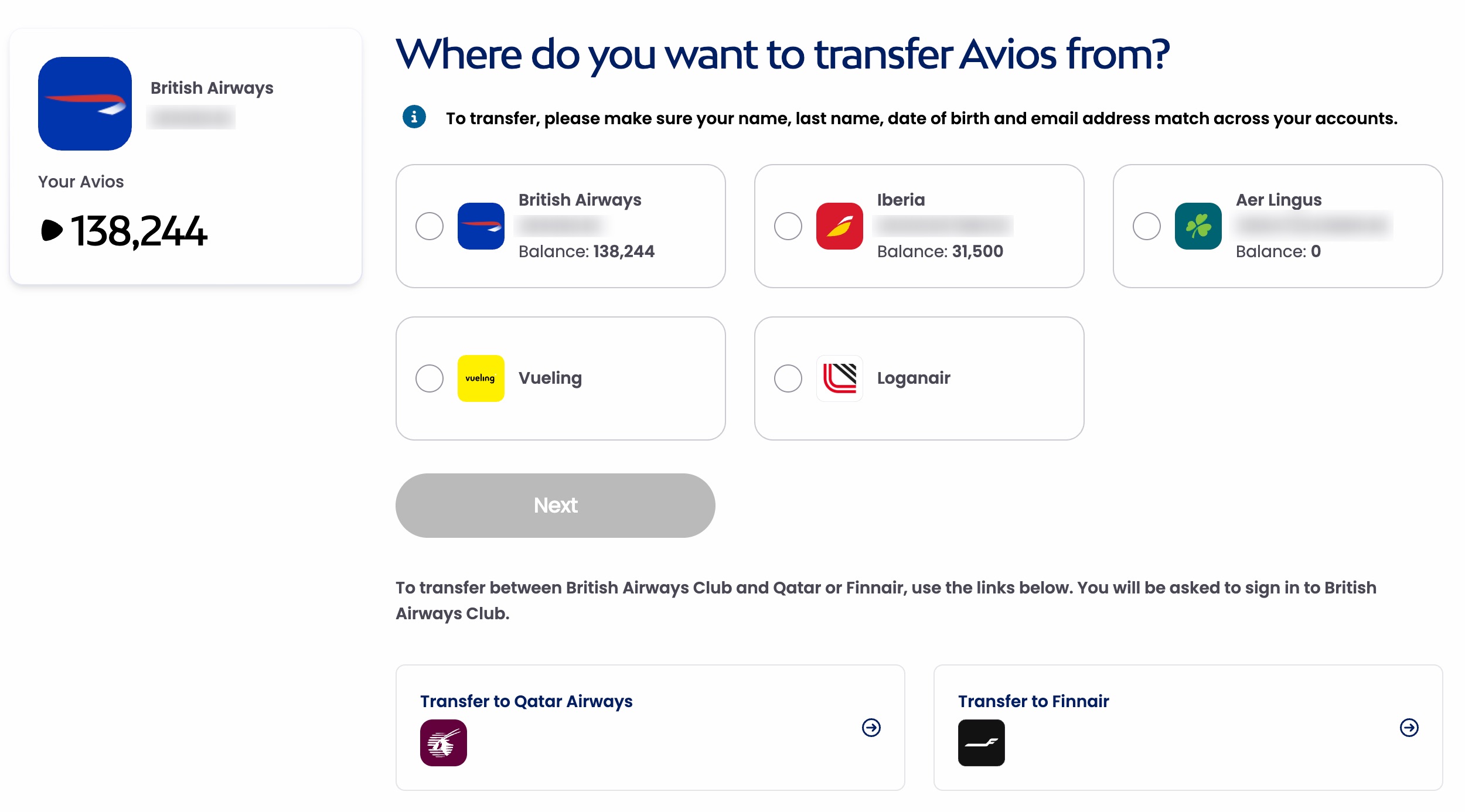 Transfer Avios Screen