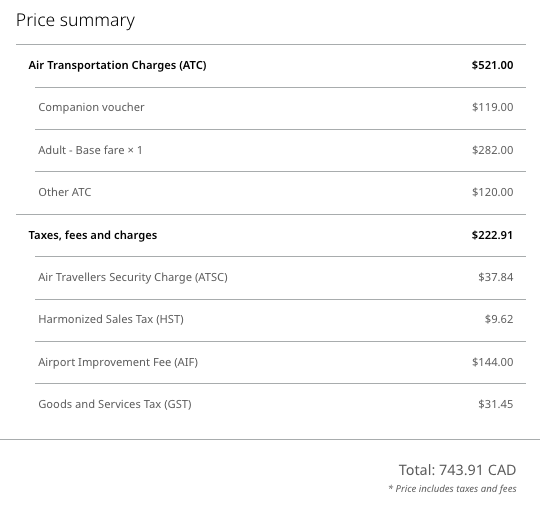 WestJet Companion Voucher Example YYC YYZ