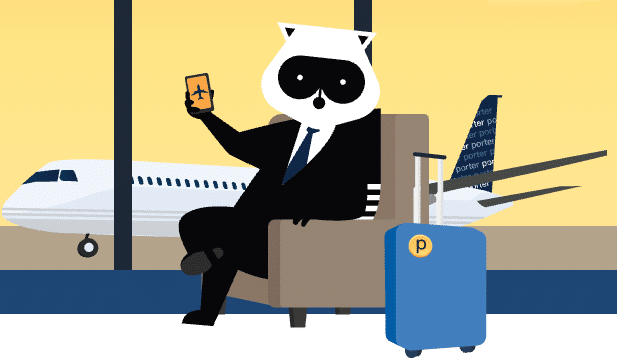 Porter raccoon mascot holding a phone and sitting at the airport