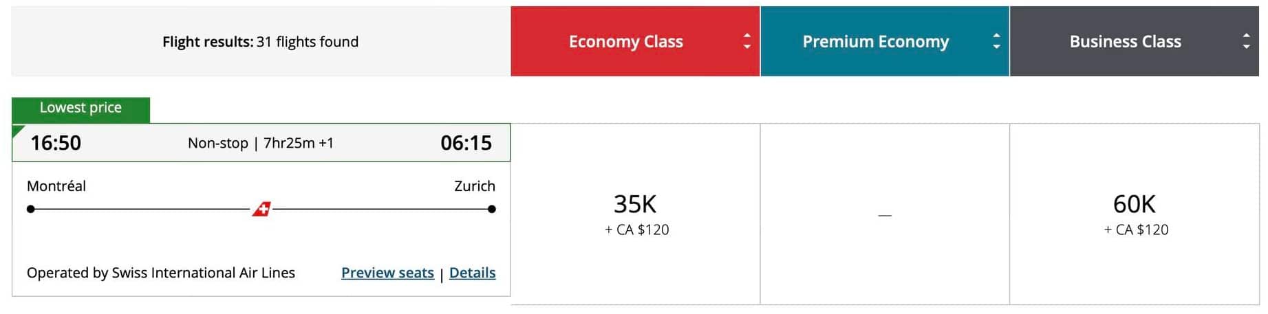 book swiss business class for 60,000 aeroplan points