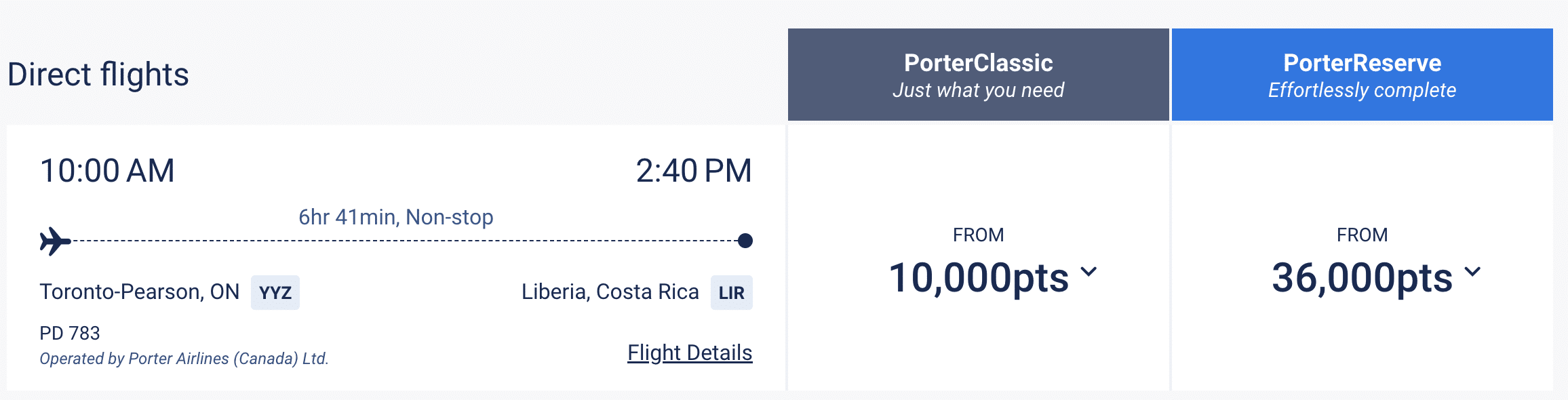 VIPorter redemption Toronto Costa Rica for 10k VIPorter points