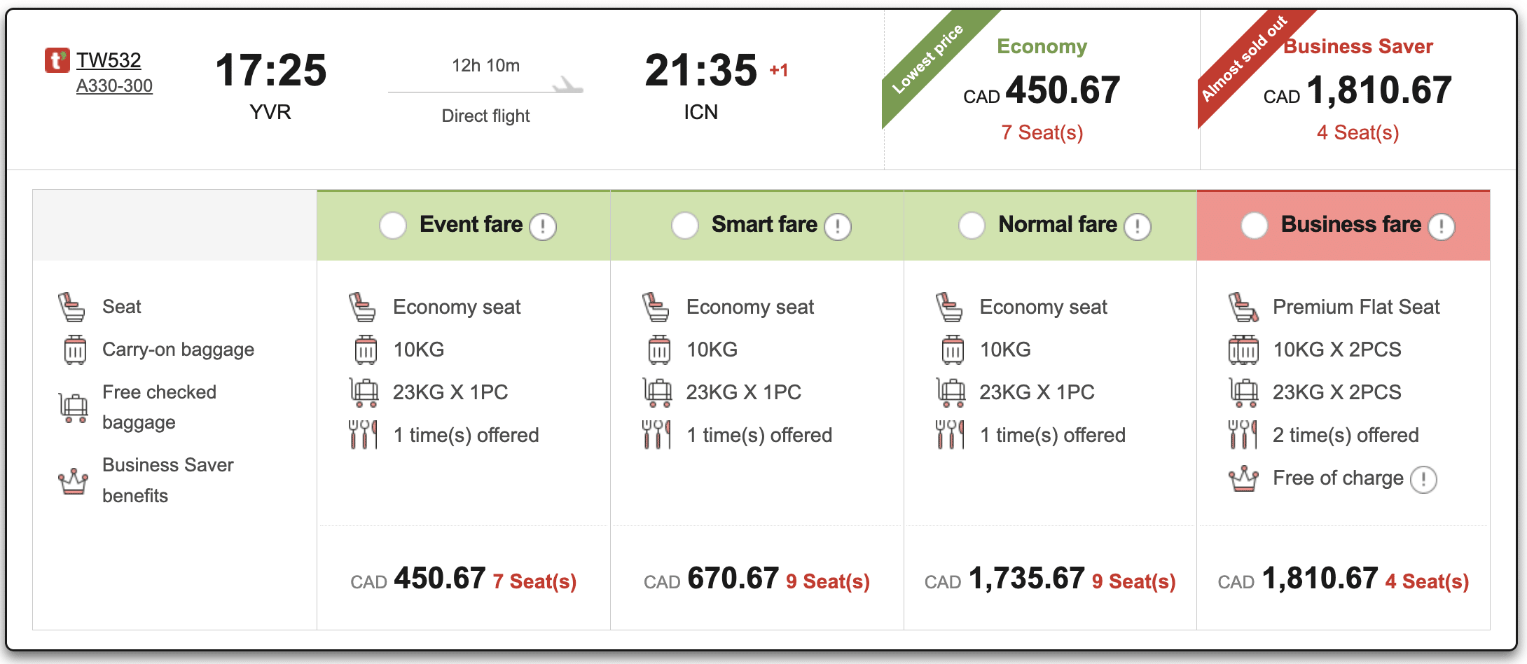 tway yvr icn pricing