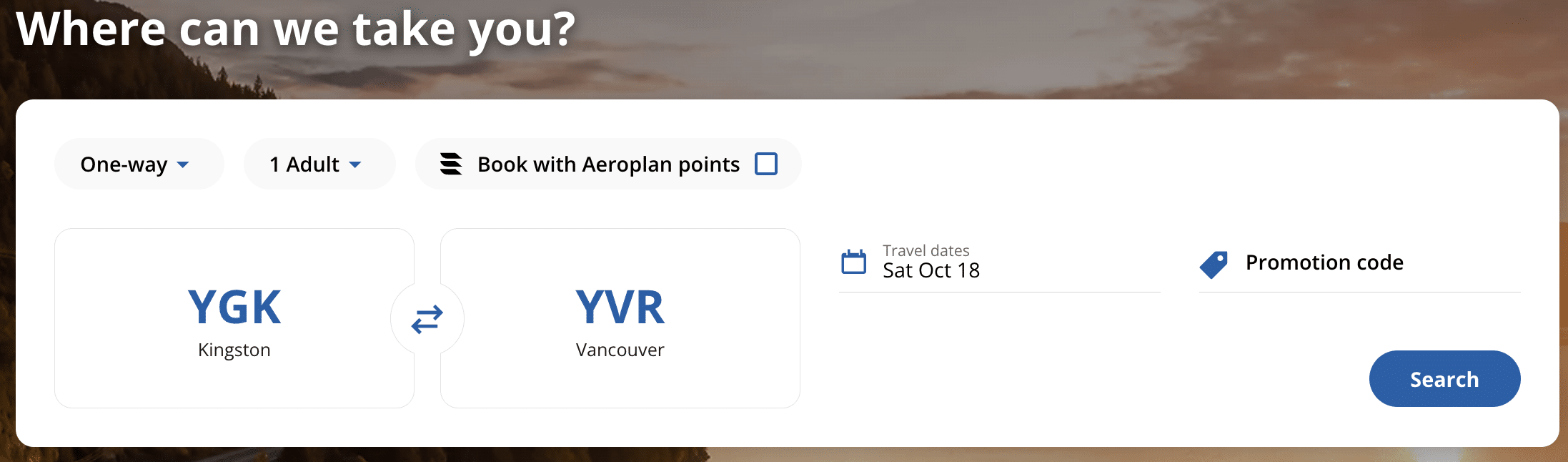 Air Canada search input showing Landline motorcoach origin