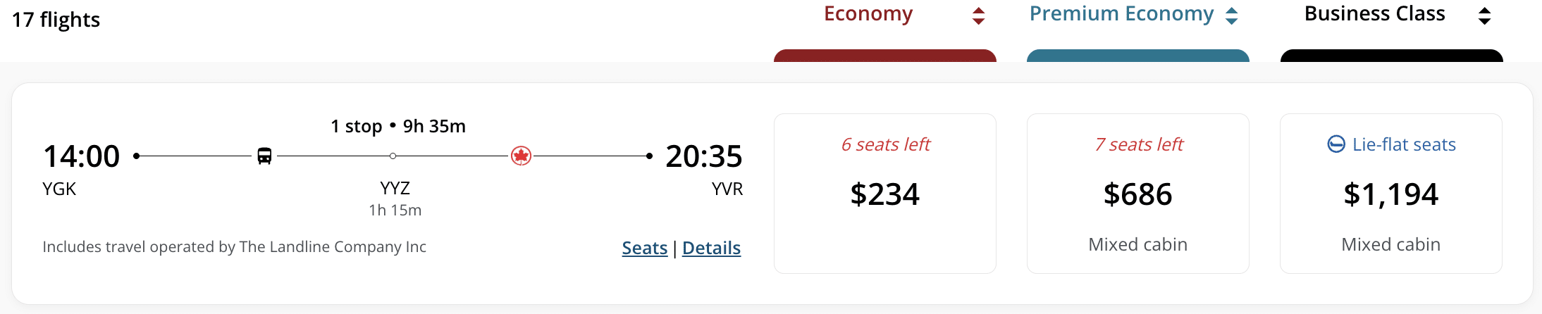 Air Canada search results showing Landline motorcoach with bus icon