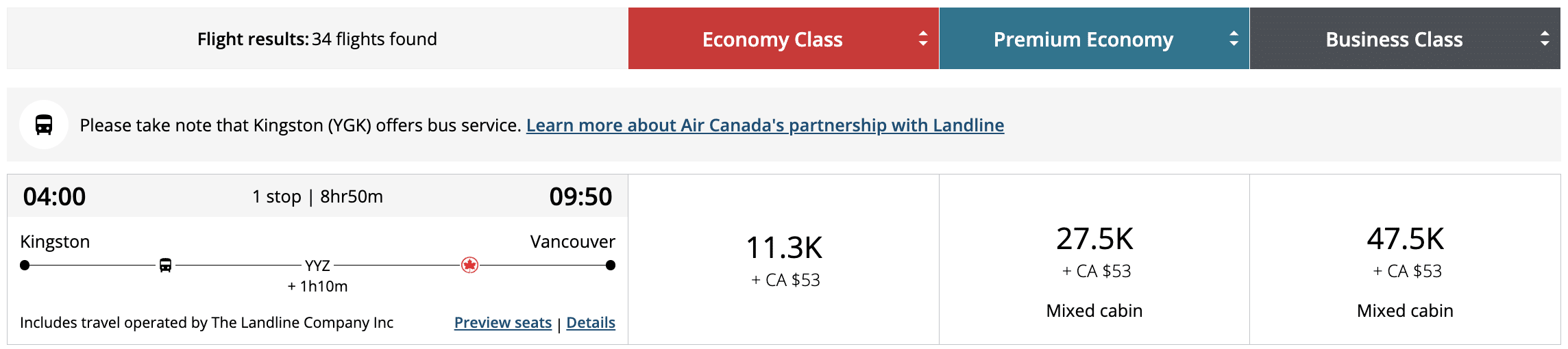 Aeroplan redemption search results showing Landline motorcoach