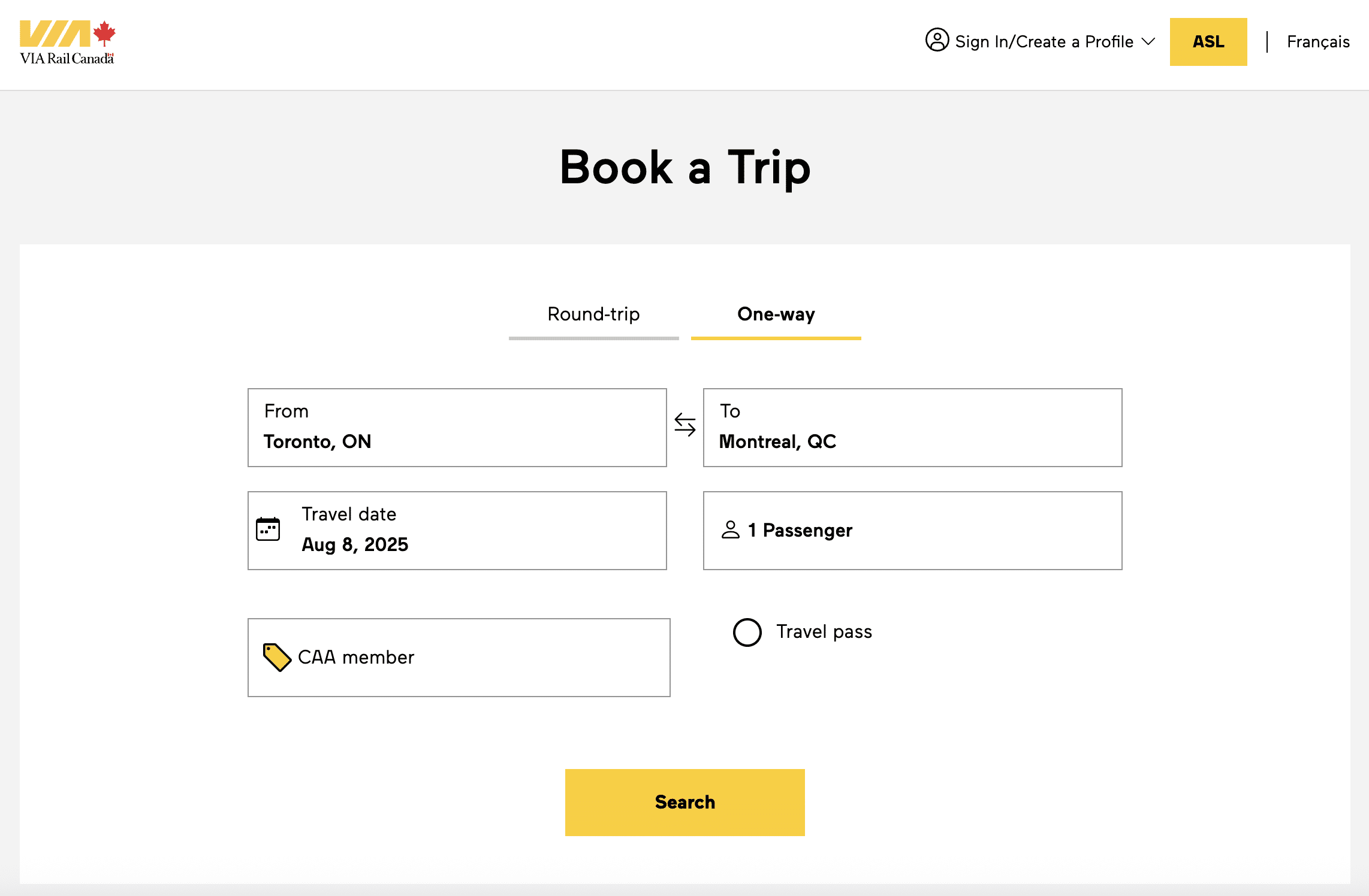 VIA Rail CAA Rate Search