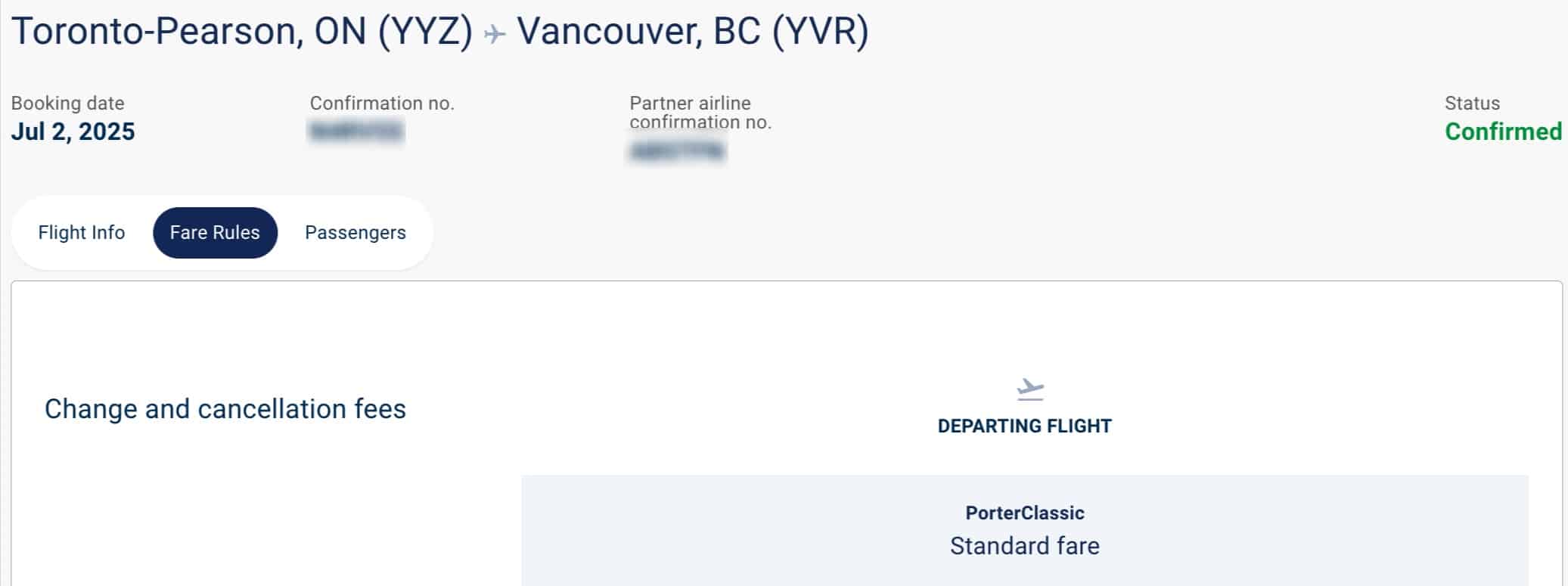 yyz yvr porter as redemption fare class