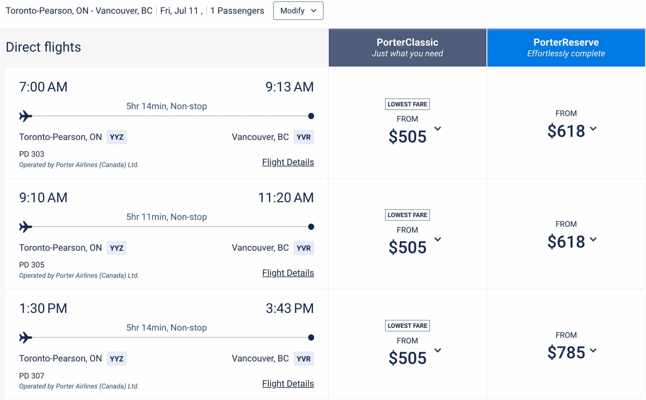 porter airlines toronto to vancouver cash fare