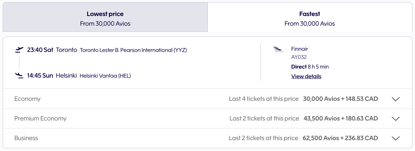 Finnair Plus YYZ HEL Awards