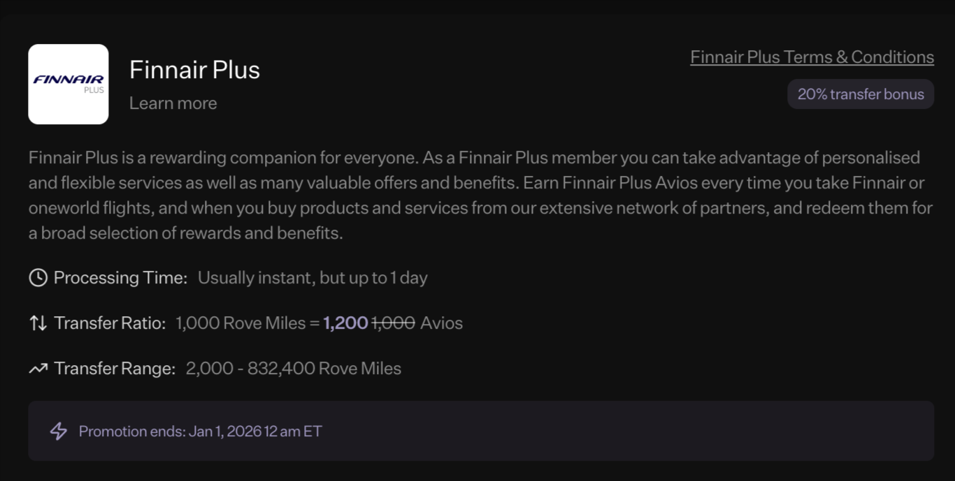 rove miles finnair transfer