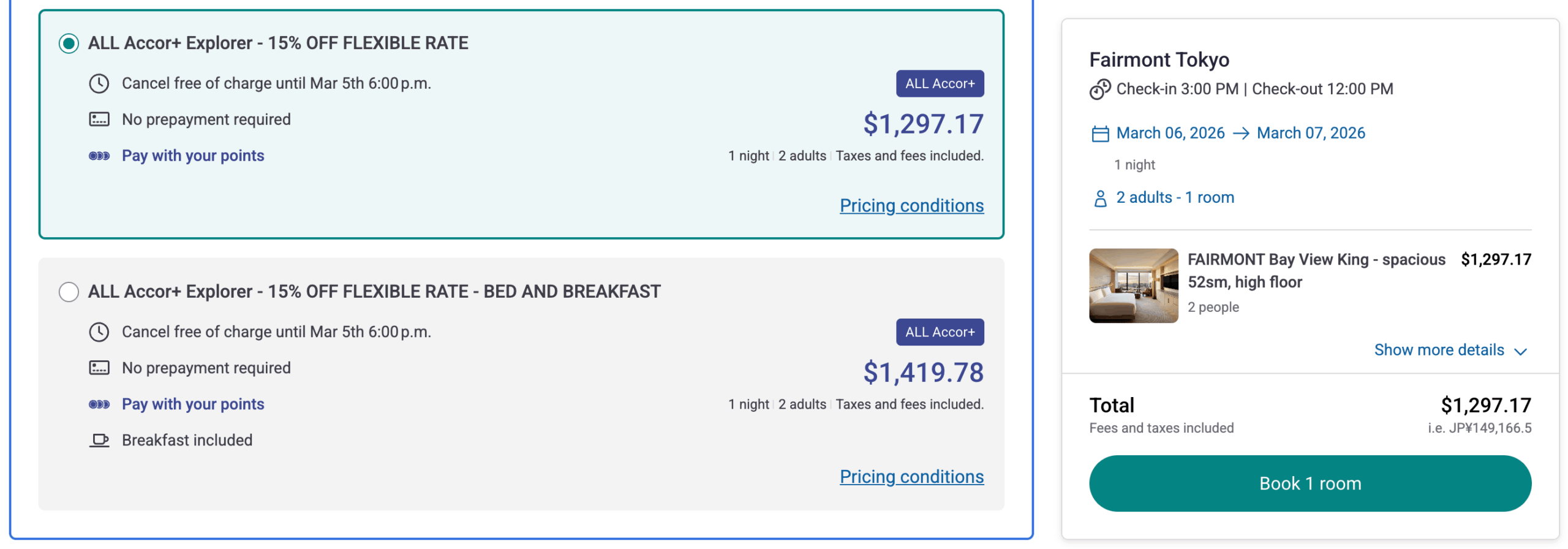 Fairmont Tokyo Accor Plus Rate