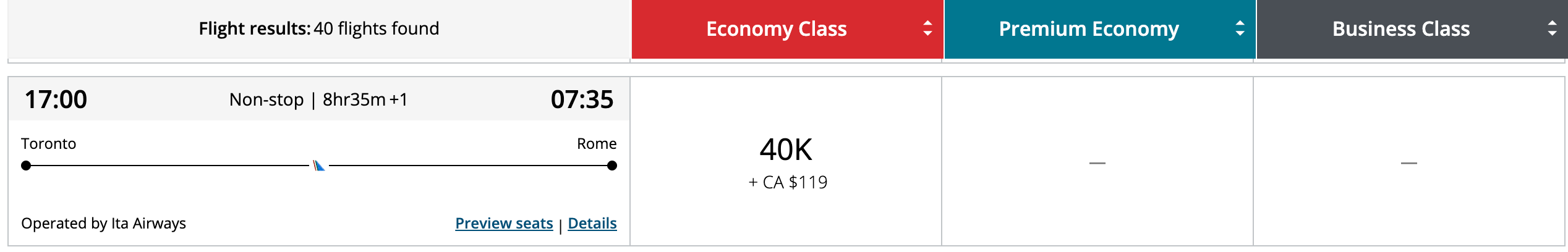 Aeroplan award search showing ITA Airways Toronto to Rome pricing