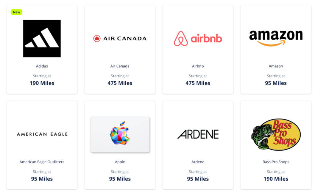 AIR MILES gift card redemption options at 10.5 cents per mile