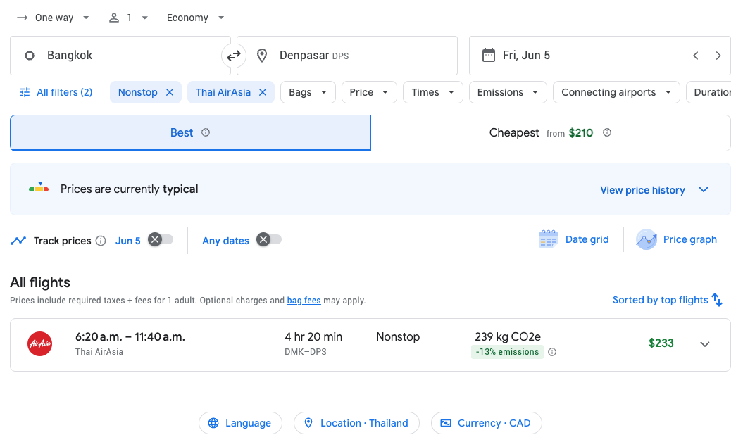 Bangkok to Denpasar Google Flights results showing AirAsia options