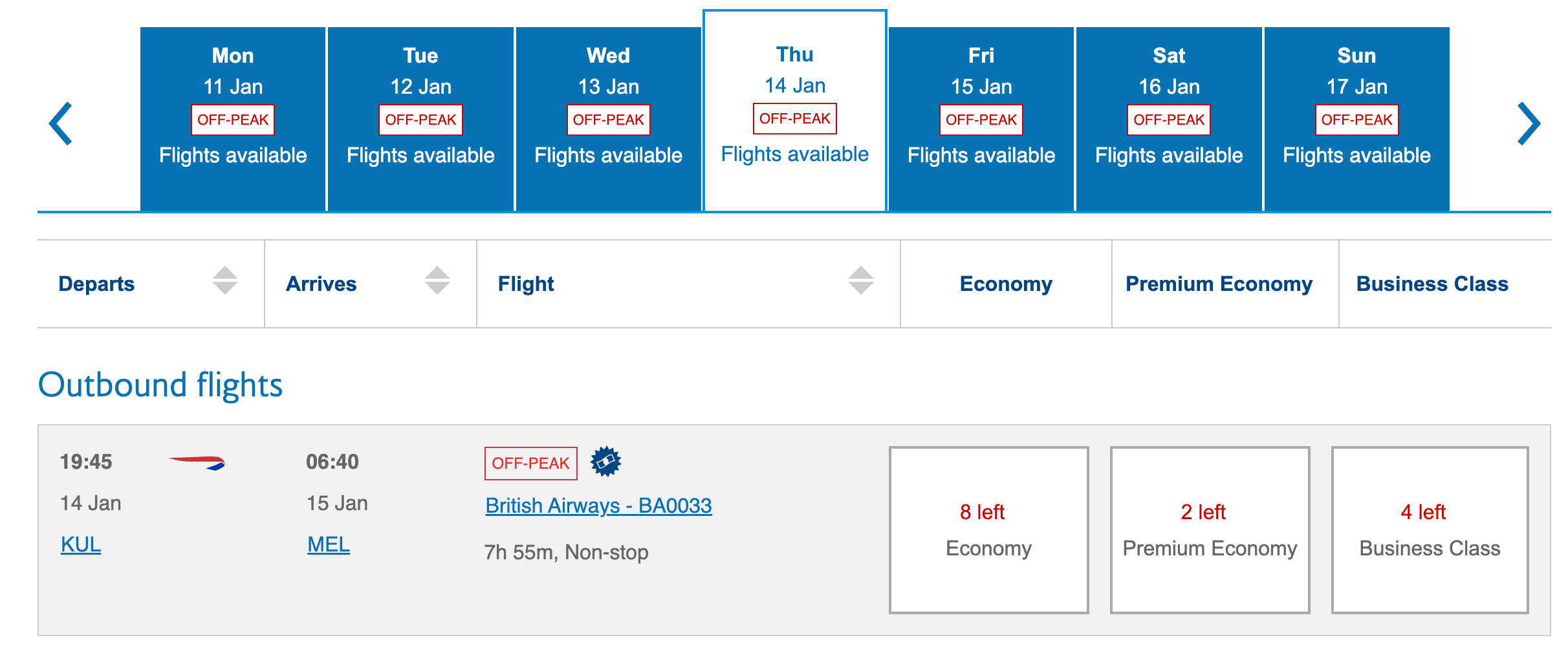 British Airways KUL-MEL award availability search results