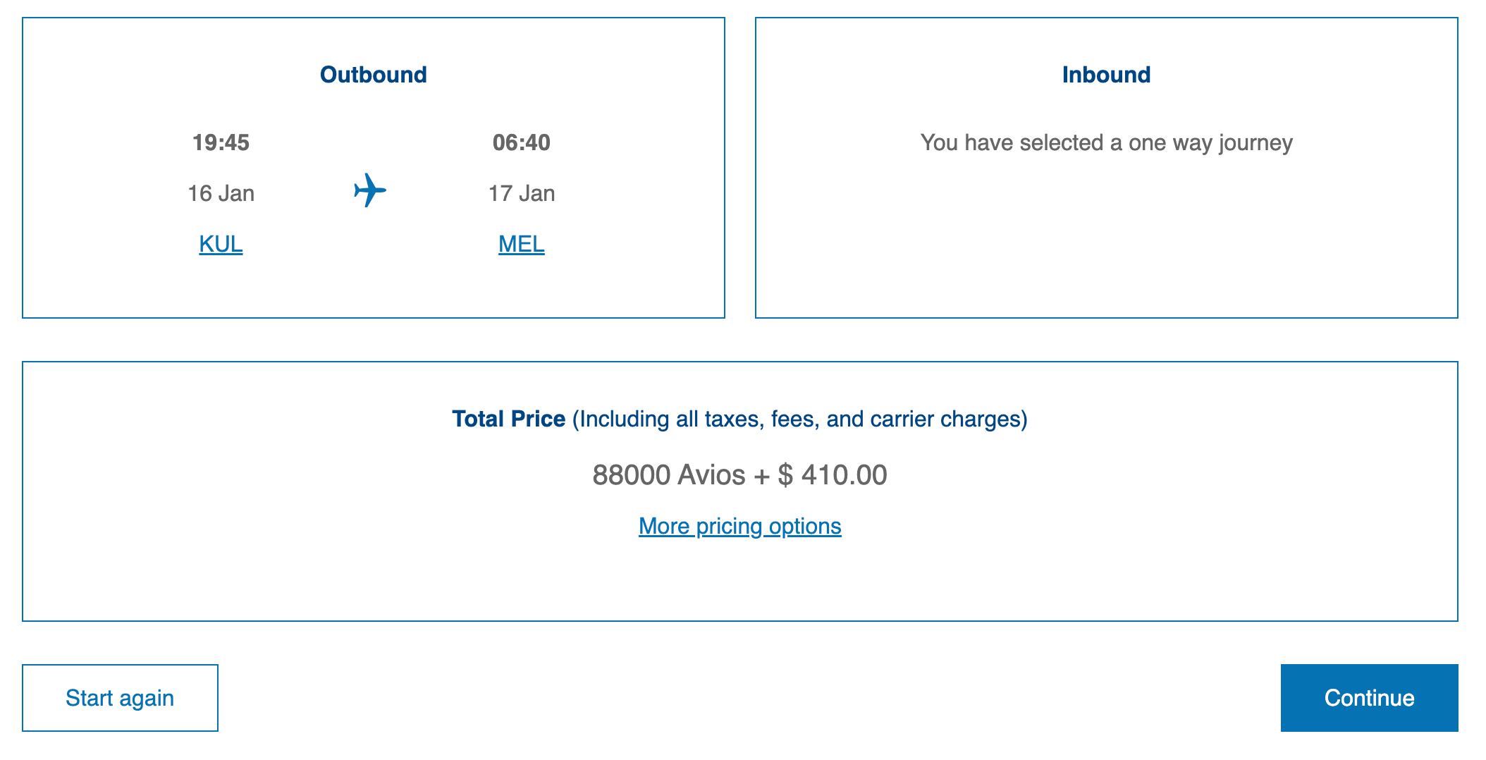 British Airways KUL-MEL business class award pricing in Avios