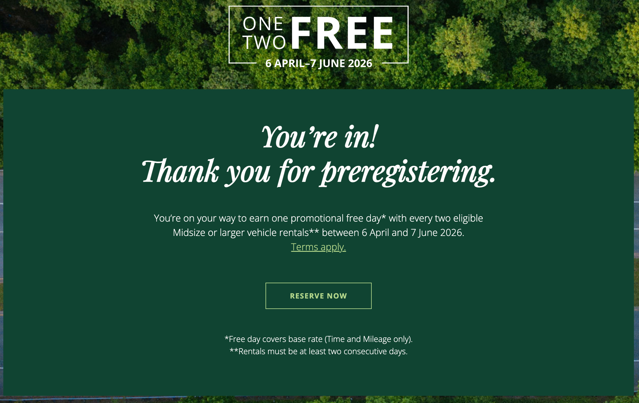Emerald Club ONE TWO FREE promotion registration confirmation screen
