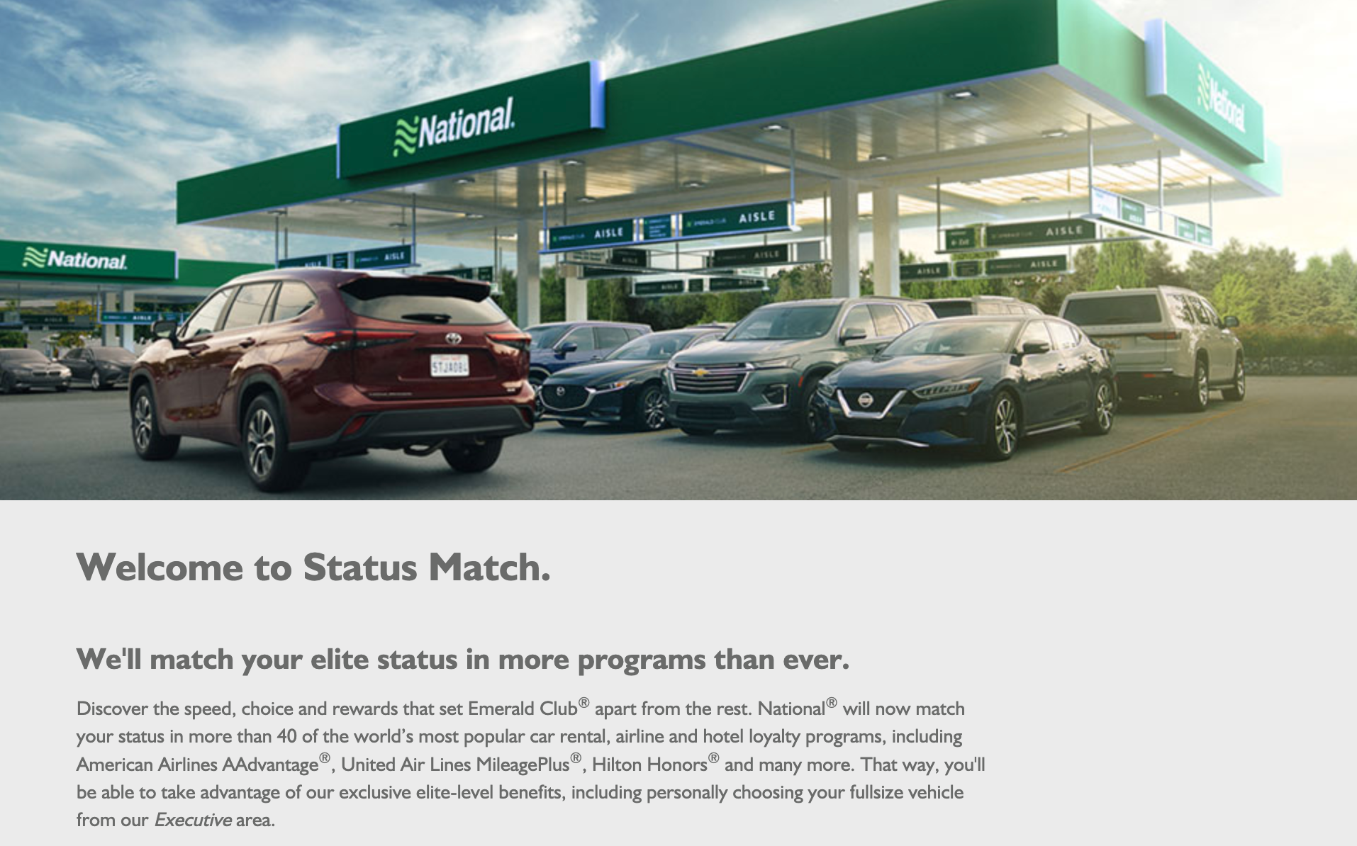National Emerald Club status match page showing the application form