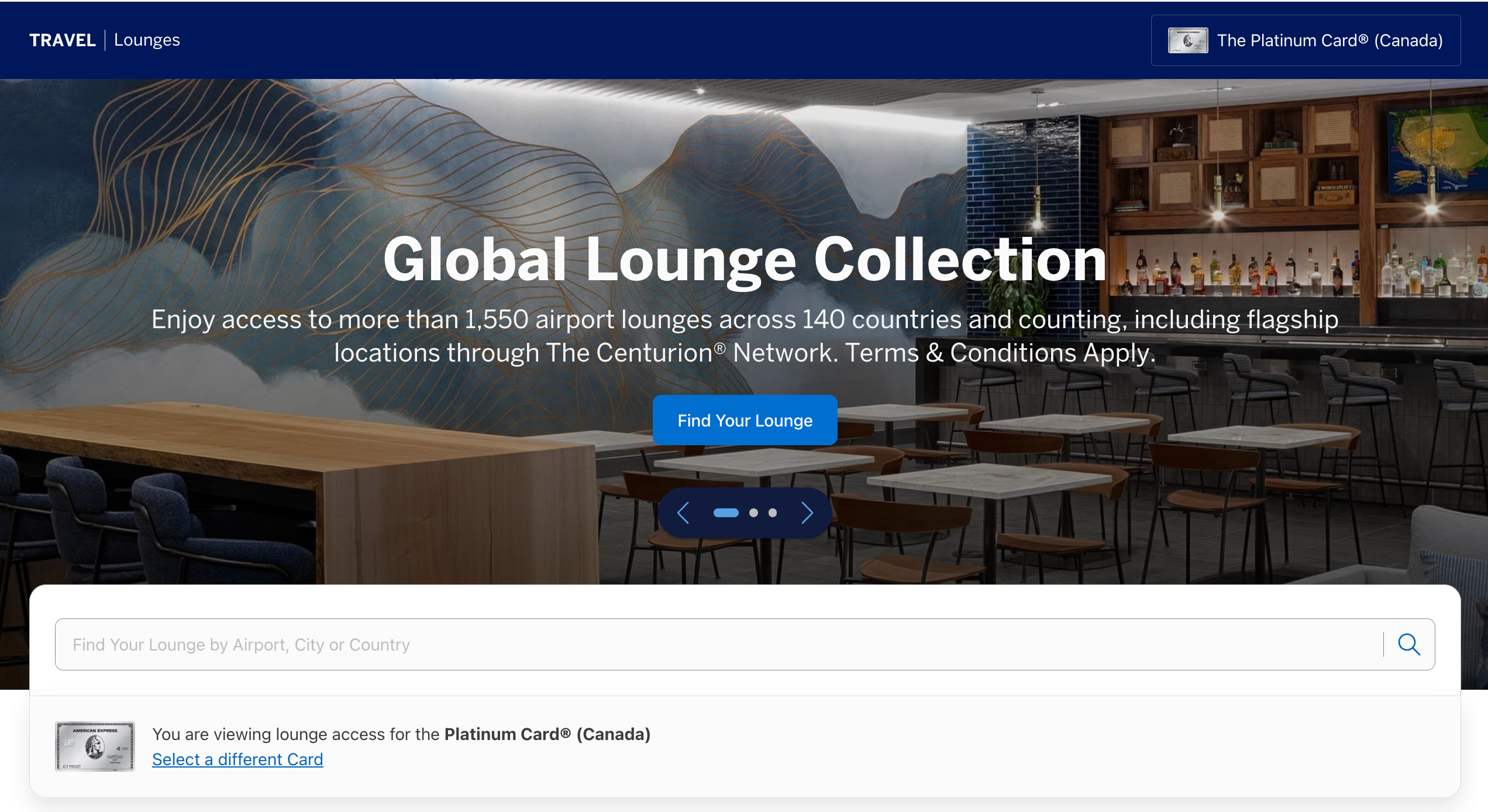 American Express Global Lounge Collection search page