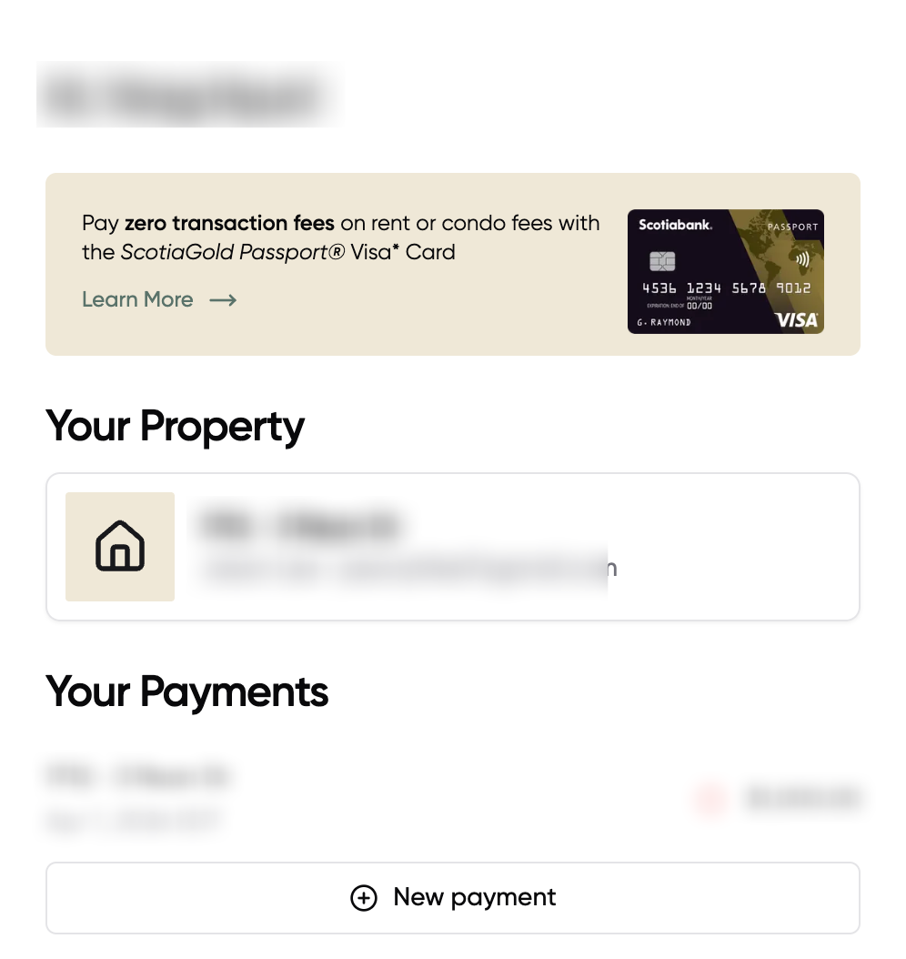 Casa app dashboard showing property and payment setup