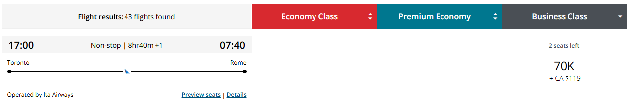 Aeroplan search showing ITA Airways business class Toronto to Rome for 70,000 points
