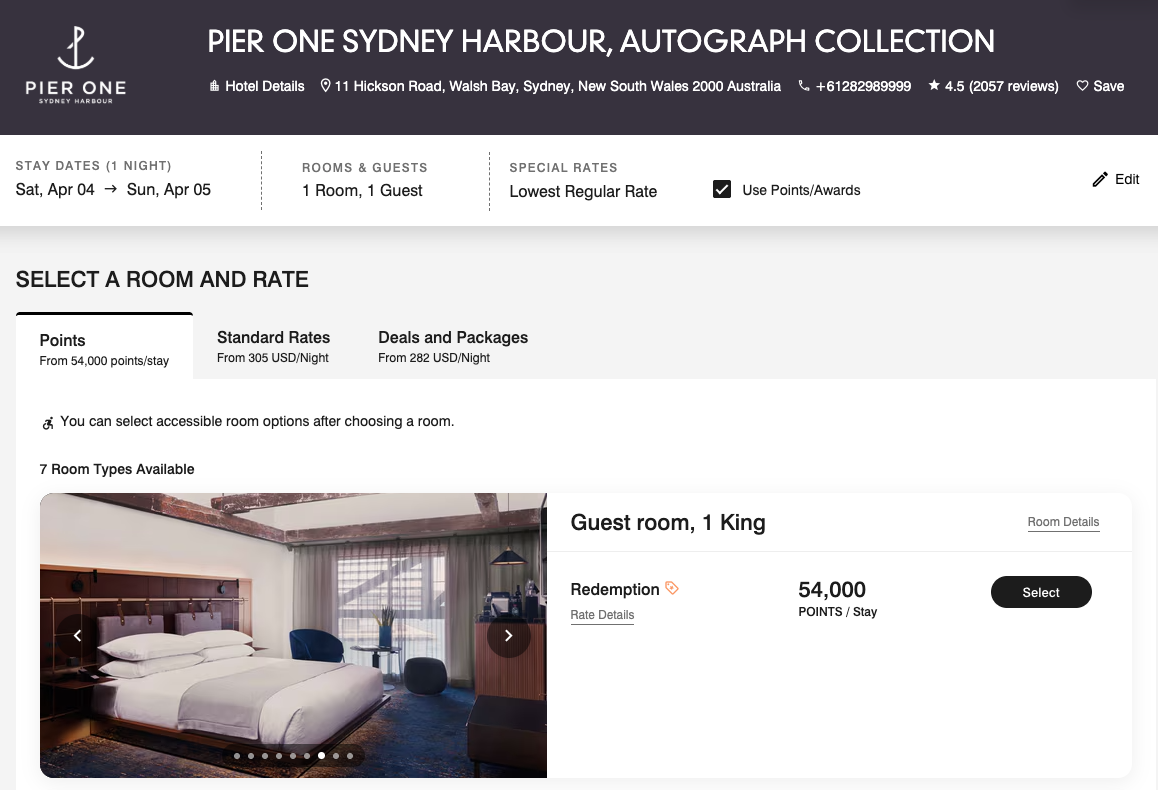 Pier One Sydney Harbour redemption pricing on Marriott.com
