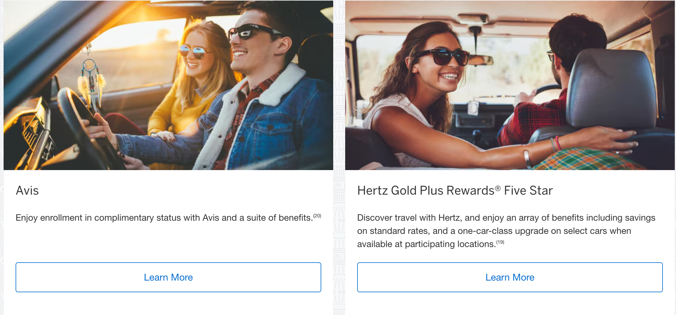 American Express Platinum Card car rental benefits showing Hertz Five Star status and Avis enrollment